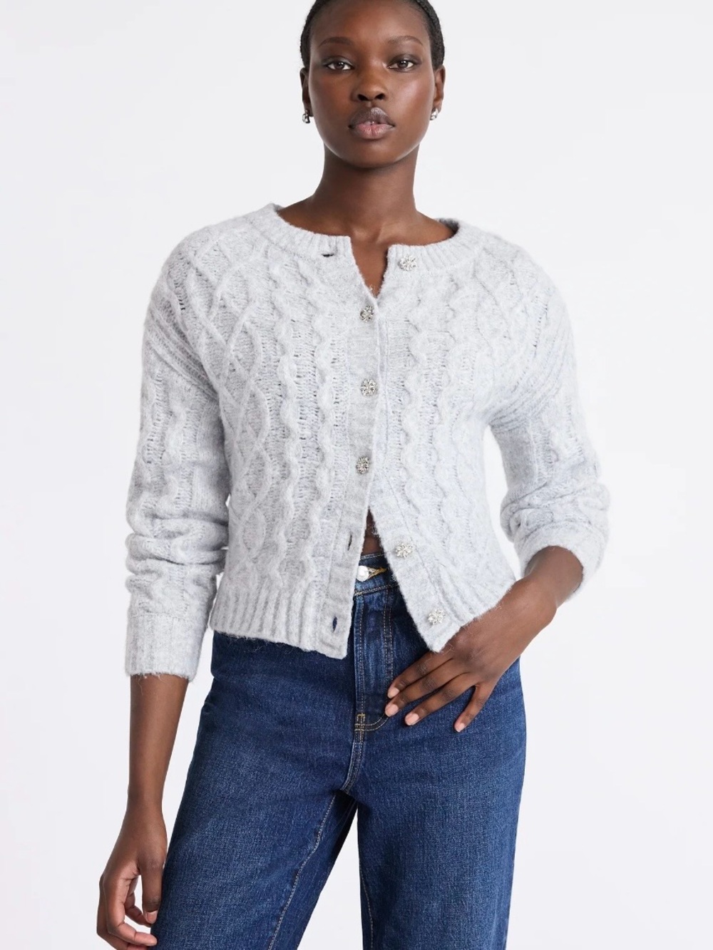 Free Assembly Gray Cable Knit Cropped Cardigan Sweater Medium Rhinestone Buttons